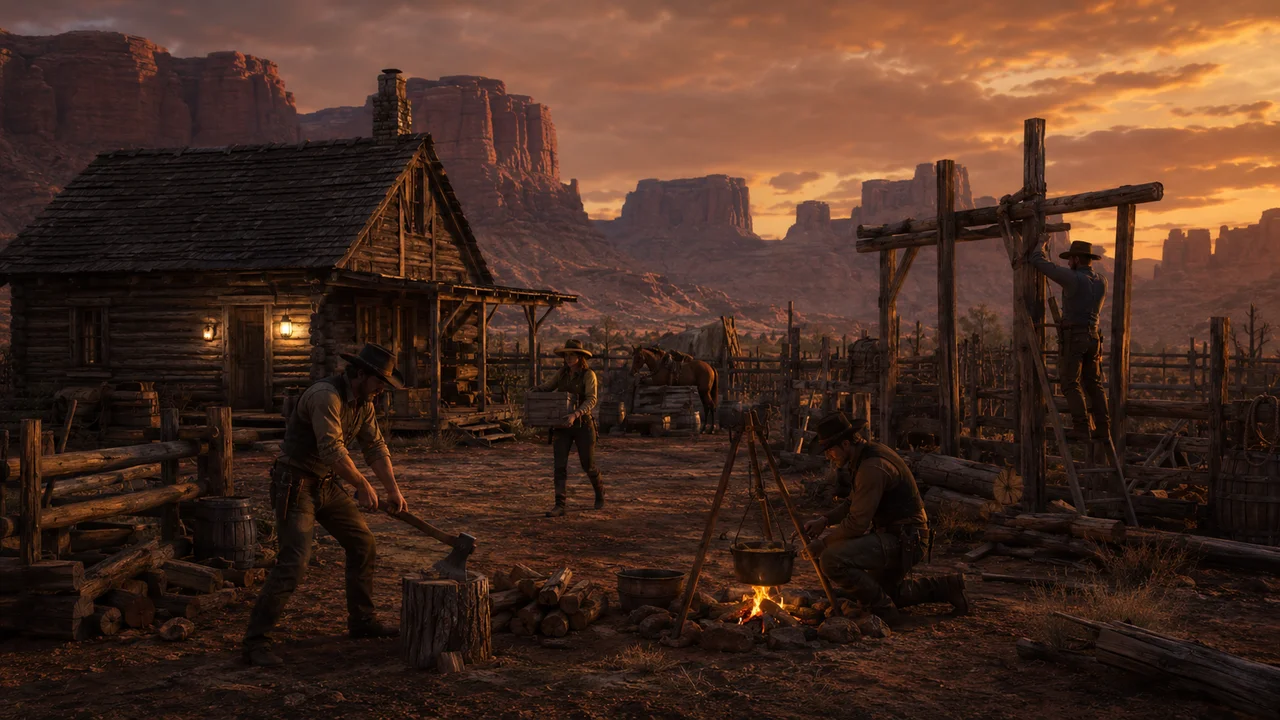 Four frontier survivors working together at a ranch camp, chopping wood, carrying supplies, cooking and building at sunset