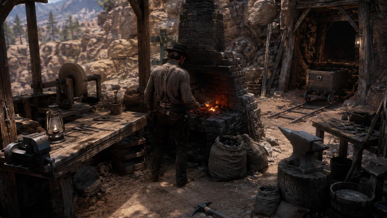 A frontier smithing and mining camp with a glowing forge, workbench, ore sacks, tools, anvil and a mine entrance