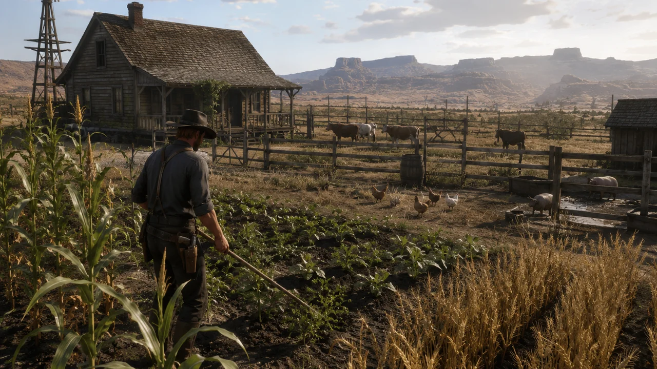 A western homestead farm with corn and grain plots, fenced cattle, pigs, chickens and a windmill under open desert light