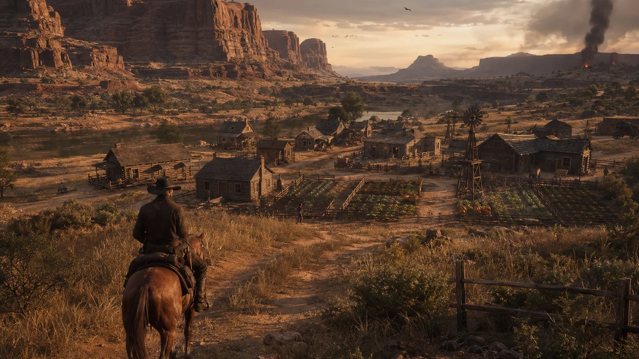 A mounted survivor overlooking a frontier settlement, farms, river valley and distant smoke beneath vast red-rock cliffs