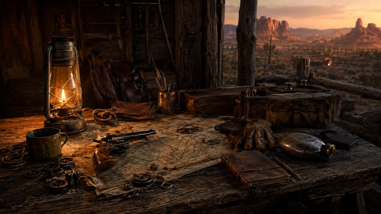A lantern-lit frontier workbench covered with a map, revolver, tools, gloves, canteen, notebook and field gear