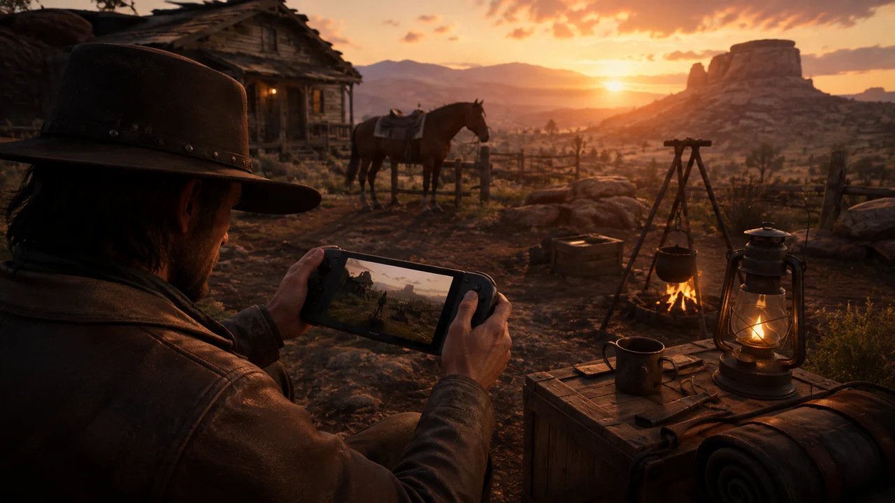 A cowboy at a sunset campsite holding a generic handheld gaming PC with a western scene visible on its screen