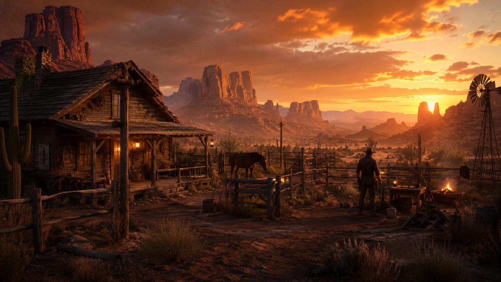 A weathered western homestead, horse and lone survivor beneath a dramatic red-rock sunset
