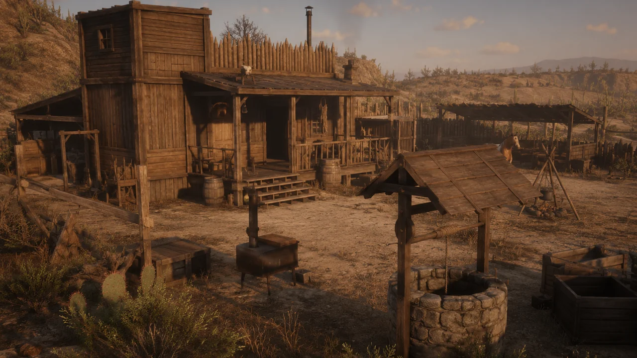 A weathered frontier homestead with plank buildings, fenced ranch space, a water well and utility structures in red-rock country