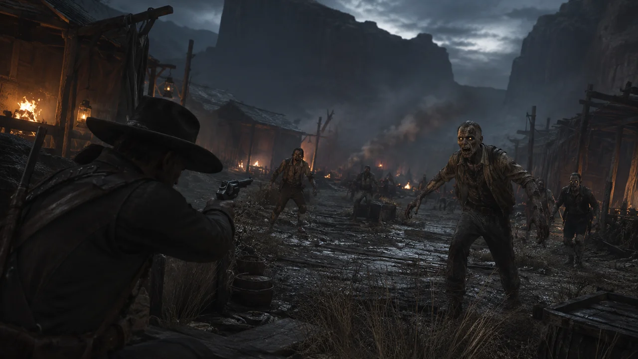 A cowboy defending a ruined frontier settlement from Rye Fever-infected Husks during a dark, stormy night attack