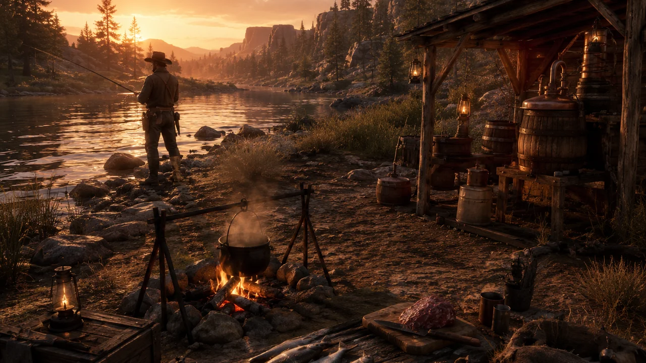 A riverside frontier camp with a cowboy fishing, campfire cooking, prepared fish and rustic brewing equipment at sunset