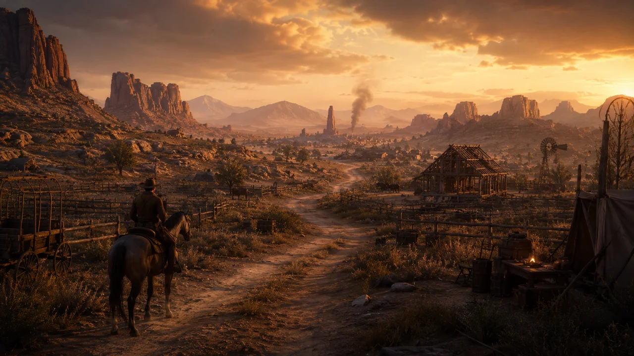 A long western trail leading past ranch structures toward a wider frontier of settlements, caves and red-rock mesas